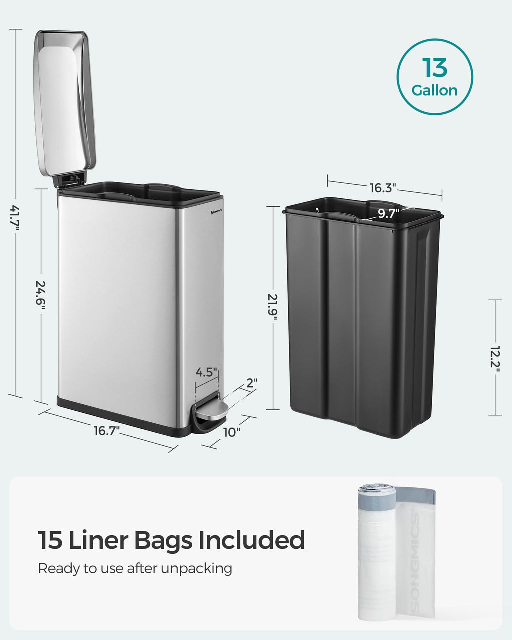 13 Gallon Stainless Steel Kitchen Trash Can with Lid R6545