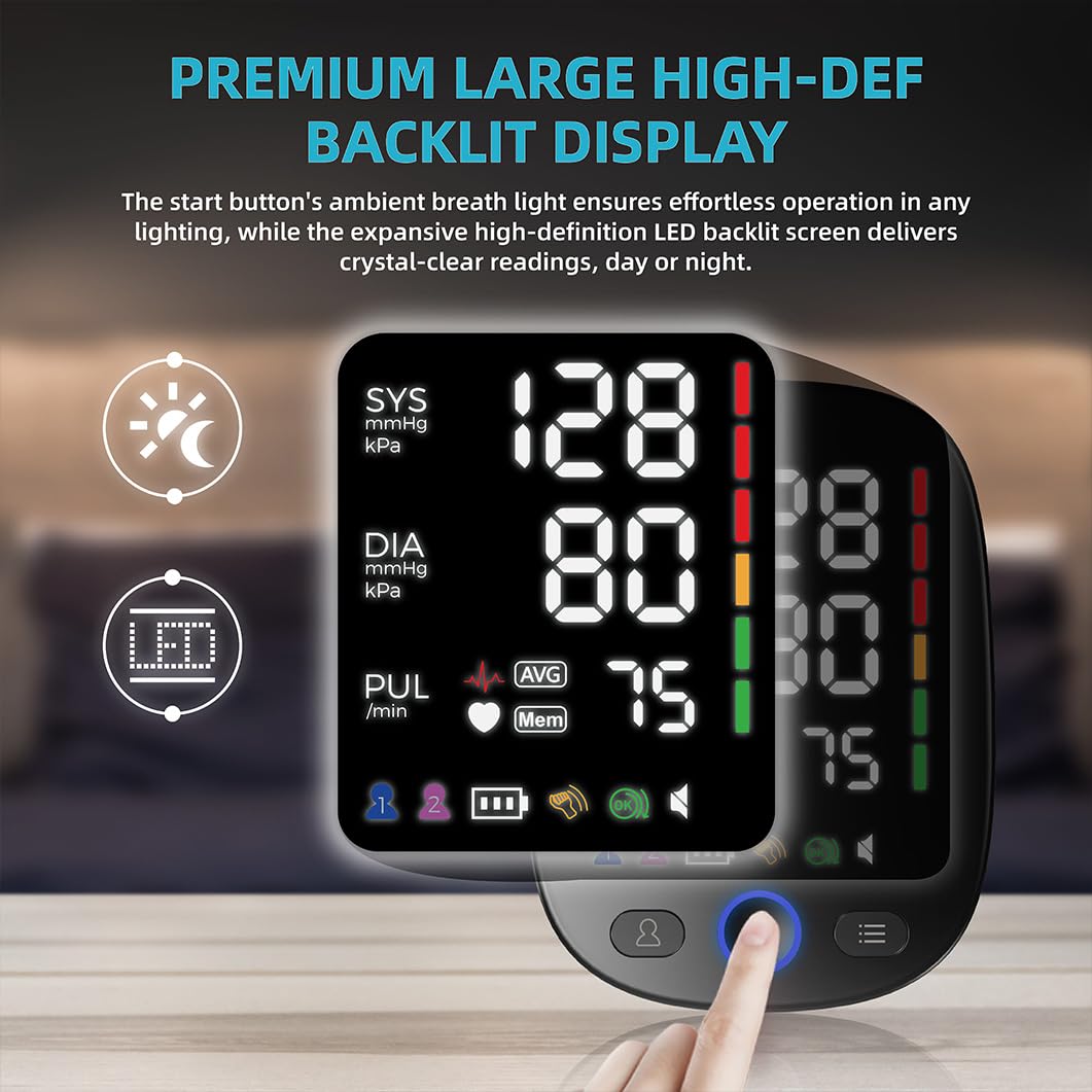 Blood Pressure Monitor with Large Color-Backlit LED Display, 240 Memory, Adjustable Wide Cuff 8.5-16.5" K9879
