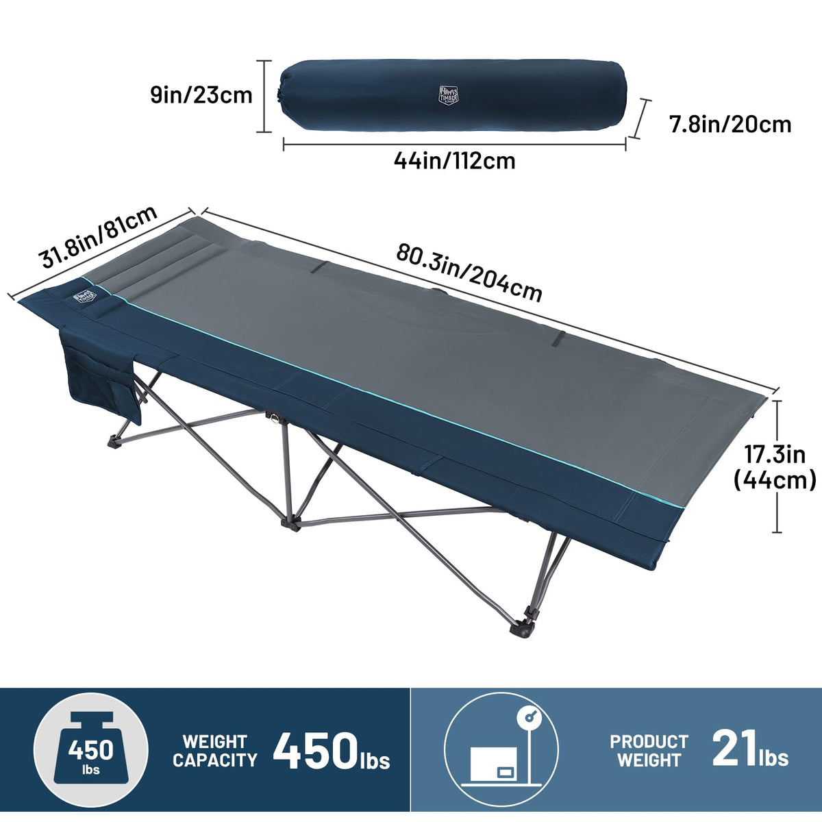 31.8" Extra Wide Heavy Duty Camping Cot with Carry Bag, Blue, 2 Pack J478