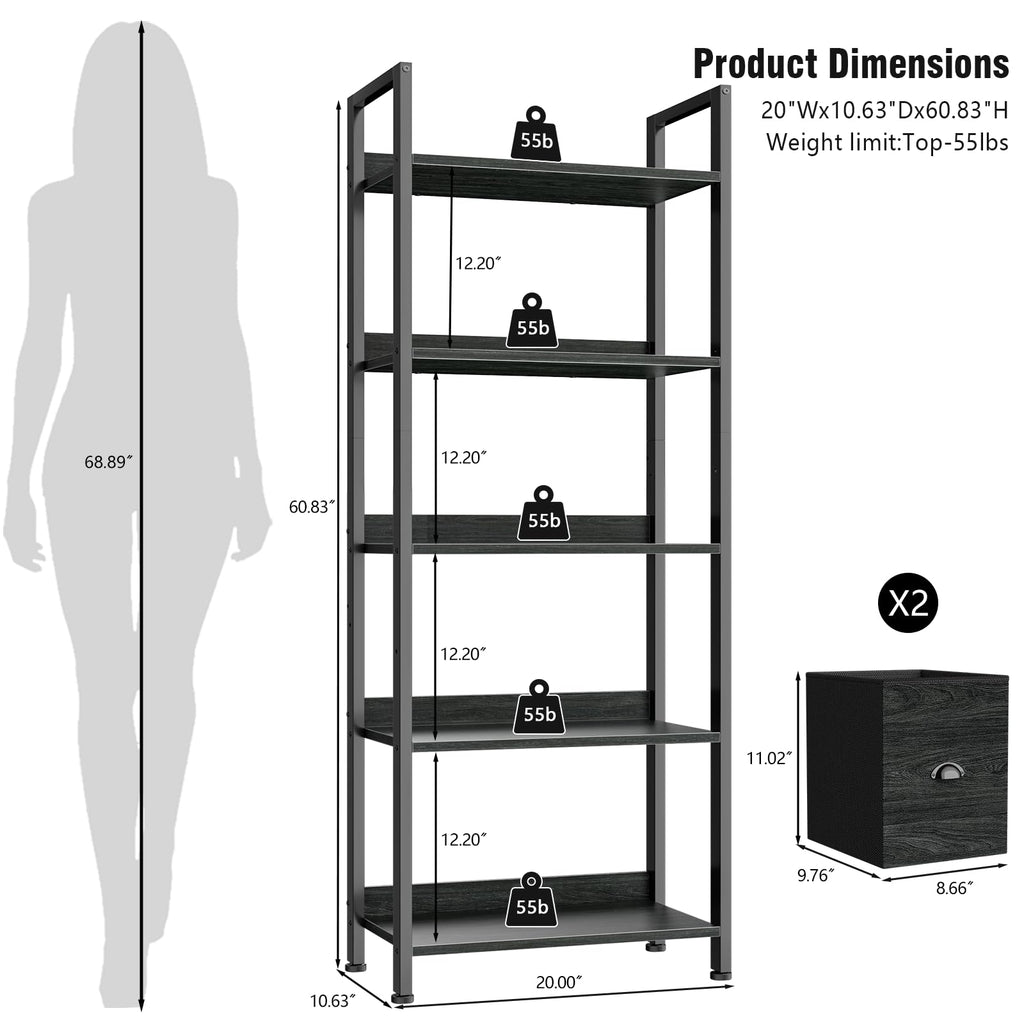 5-Tier Black Oak Bookshelf with 2 Storage Drawers G729