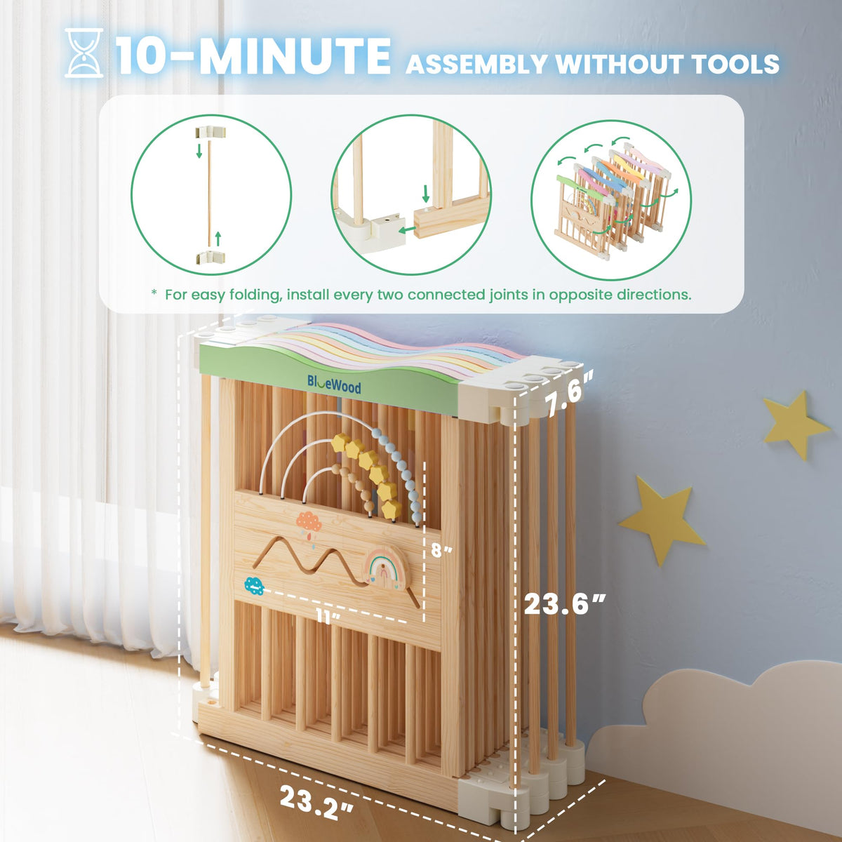 Foldable Wooden Baby Playpen, 45 x 45 x 24 inches B7285