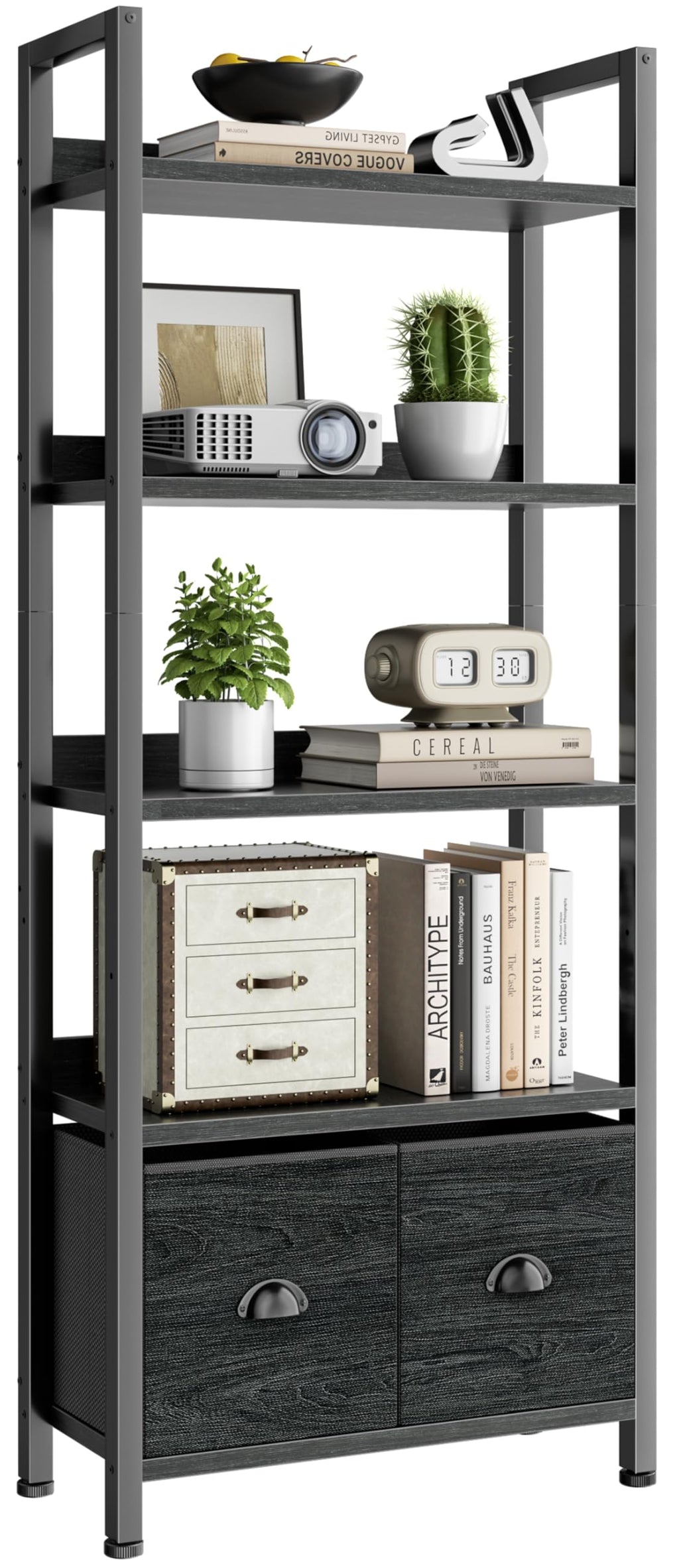5-Tier Black Oak Bookshelf with 2 Storage Drawers G729