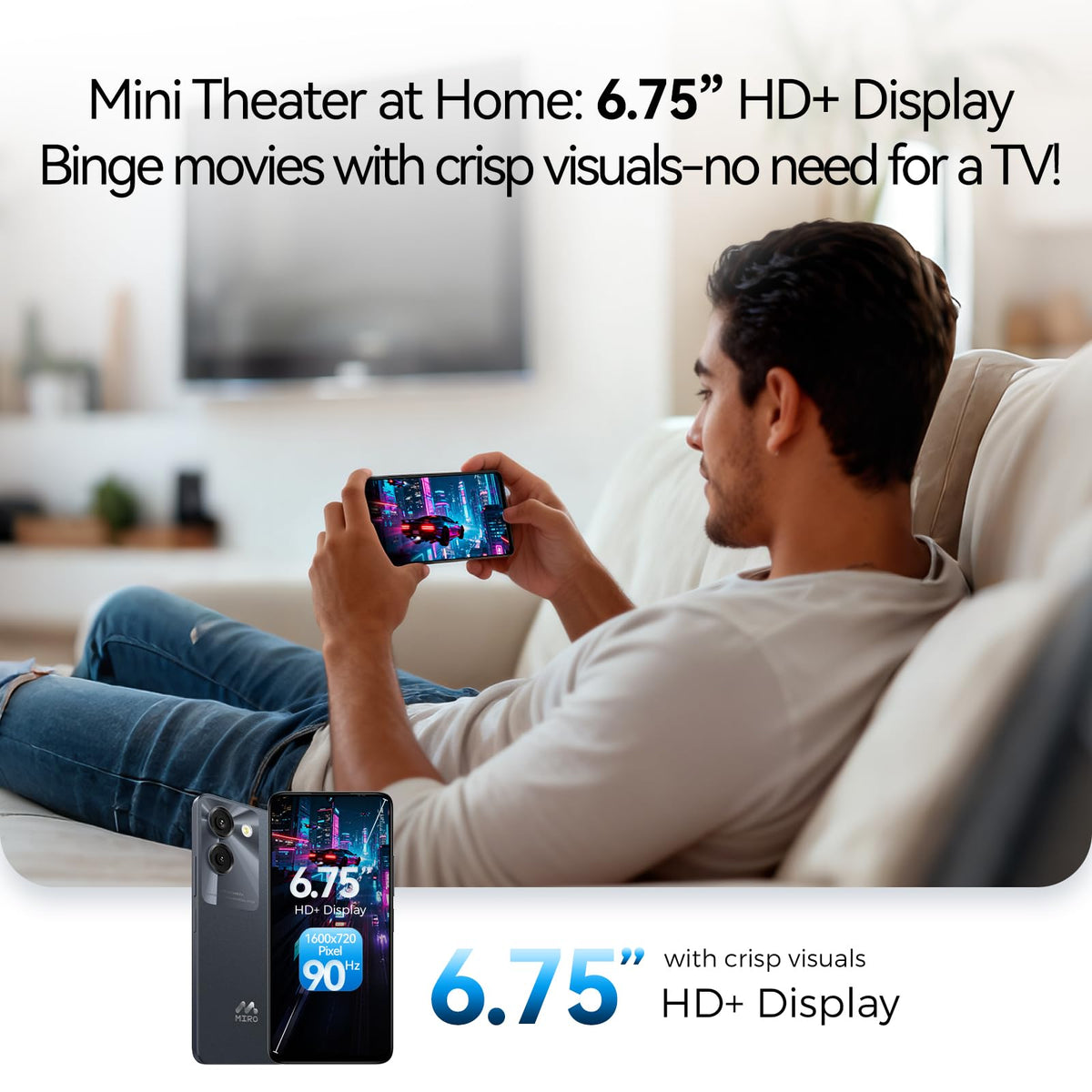 Ultra-Light 6.75" Big Screen 4G+64GB 13MP Dual Camera 4900mAh Android 14 Dual SIM Smartphone V83365