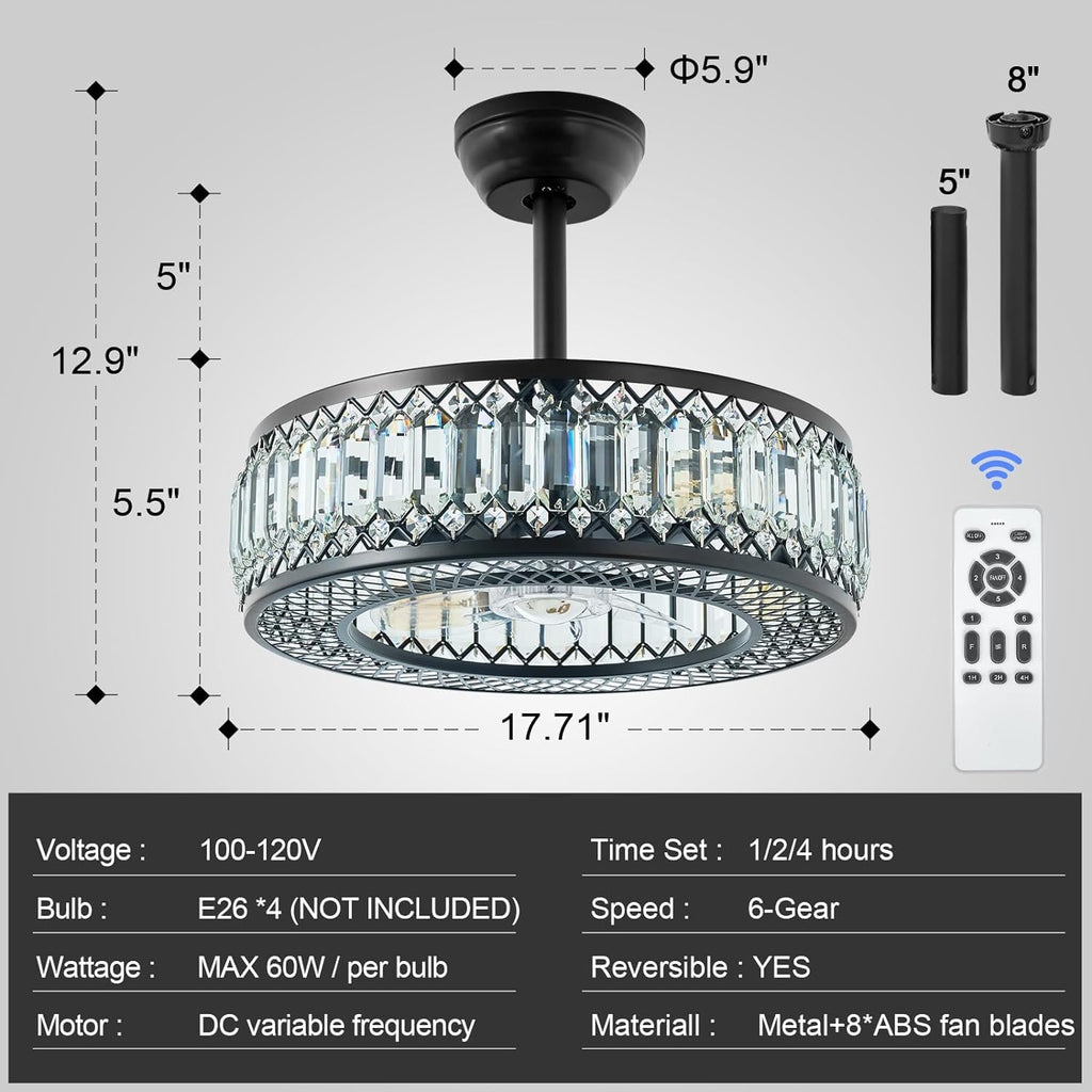 20" Black Crystal Ceiling Fan with Lights S46459