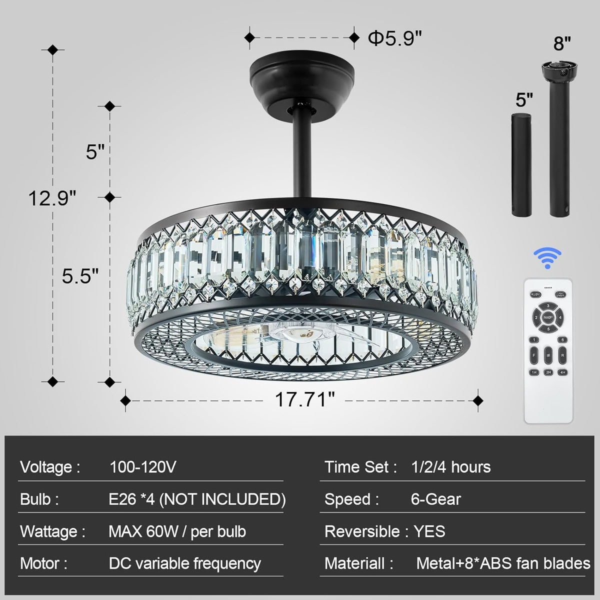 20" Black Crystal Ceiling Fan with Lights S46459
