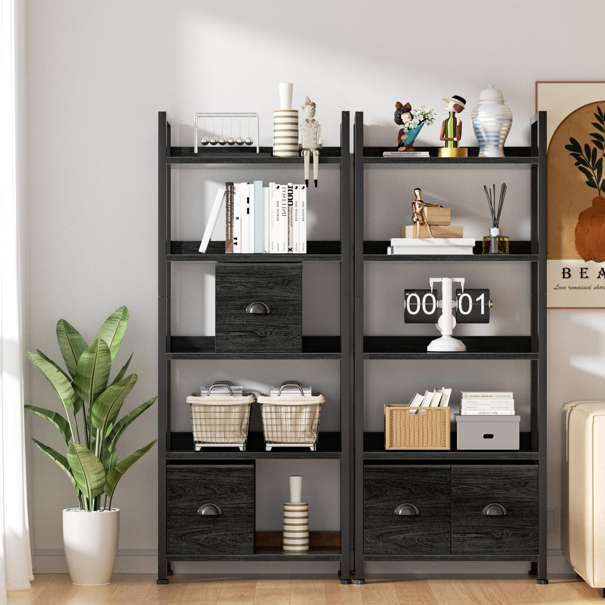 5-Tier Black Oak Bookshelf with 2 Storage Drawers G729