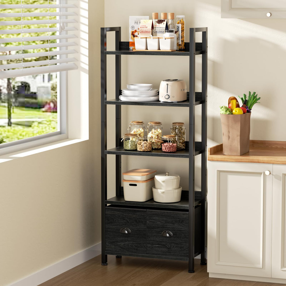 5-Tier Black Oak Bookshelf with 2 Storage Drawers G729
