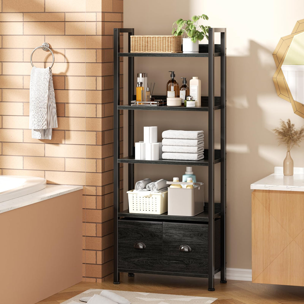 5-Tier Black Oak Bookshelf with 2 Storage Drawers G729