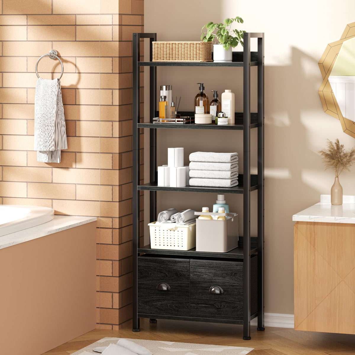 5-Tier Black Oak Bookshelf with 2 Storage Drawers G729