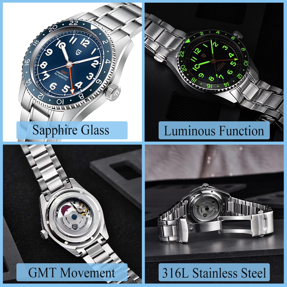 Automatic Mechanical GMT 40mm Sapphire Glass 316L Stainless Steel Waterproof Diver Wrist Watch T753575