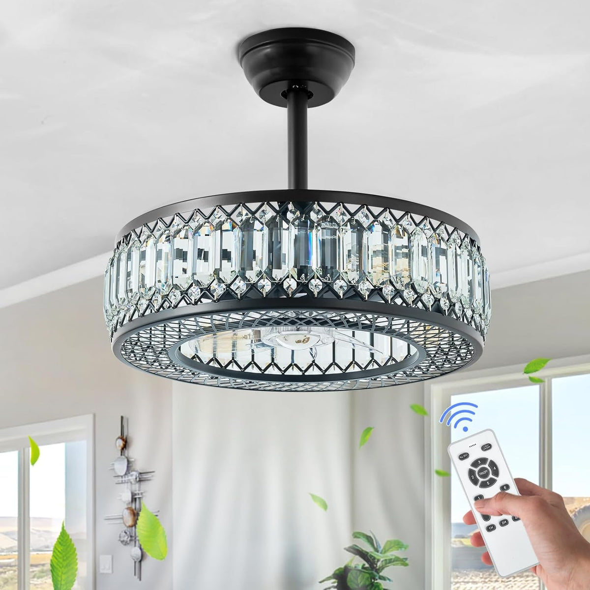 20" Black Crystal Ceiling Fan with Lights S46459