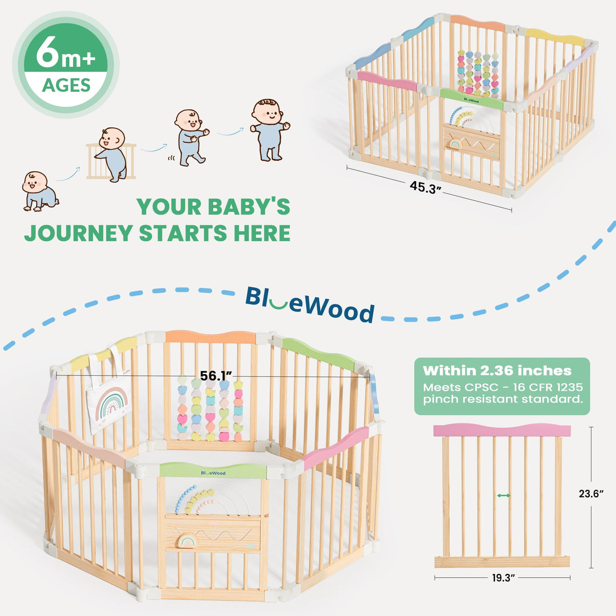 Foldable Wooden Baby Playpen, 45 x 45 x 24 inches B7285