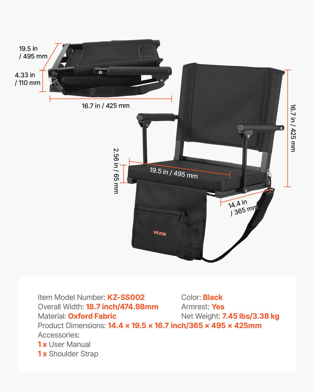Portable Bleacher Seat with Armrest, Back Support and Cup Holder, Black D3343