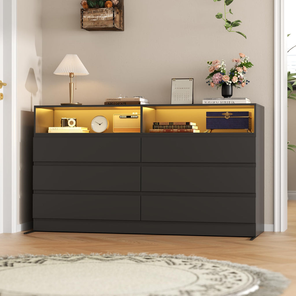 Black 6 Drawer Wood Dresser A3842