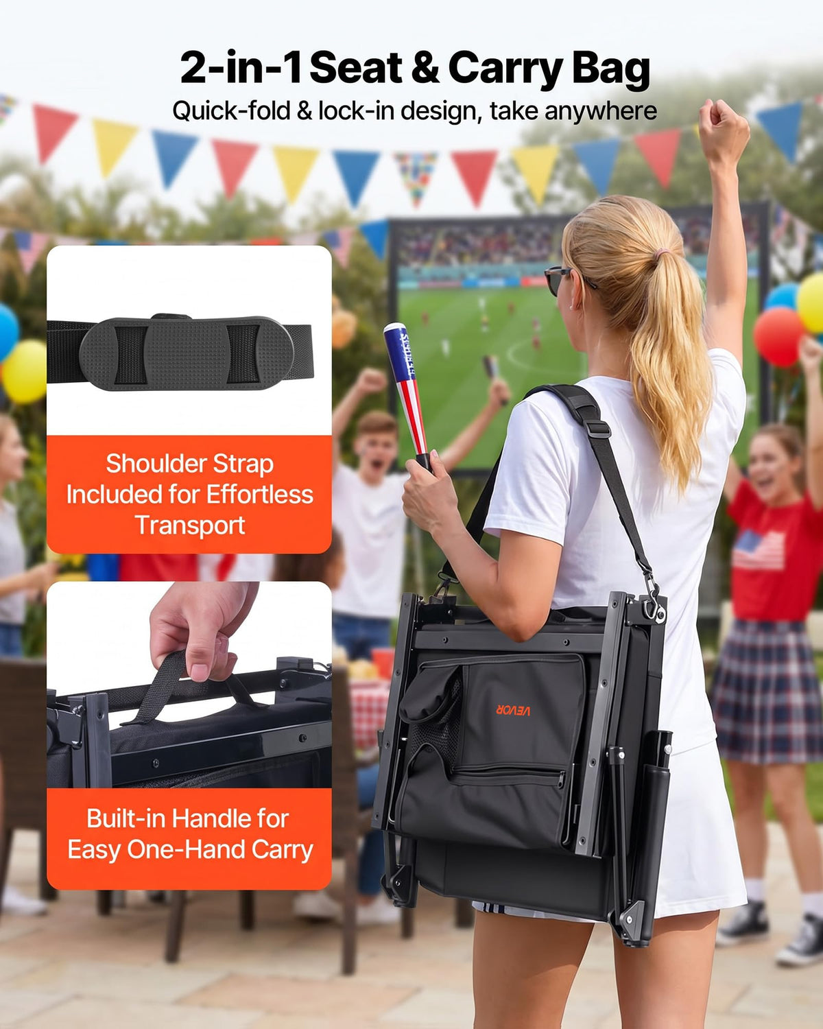 Portable Bleacher Seat with Armrest, Back Support and Cup Holder, Black D3343