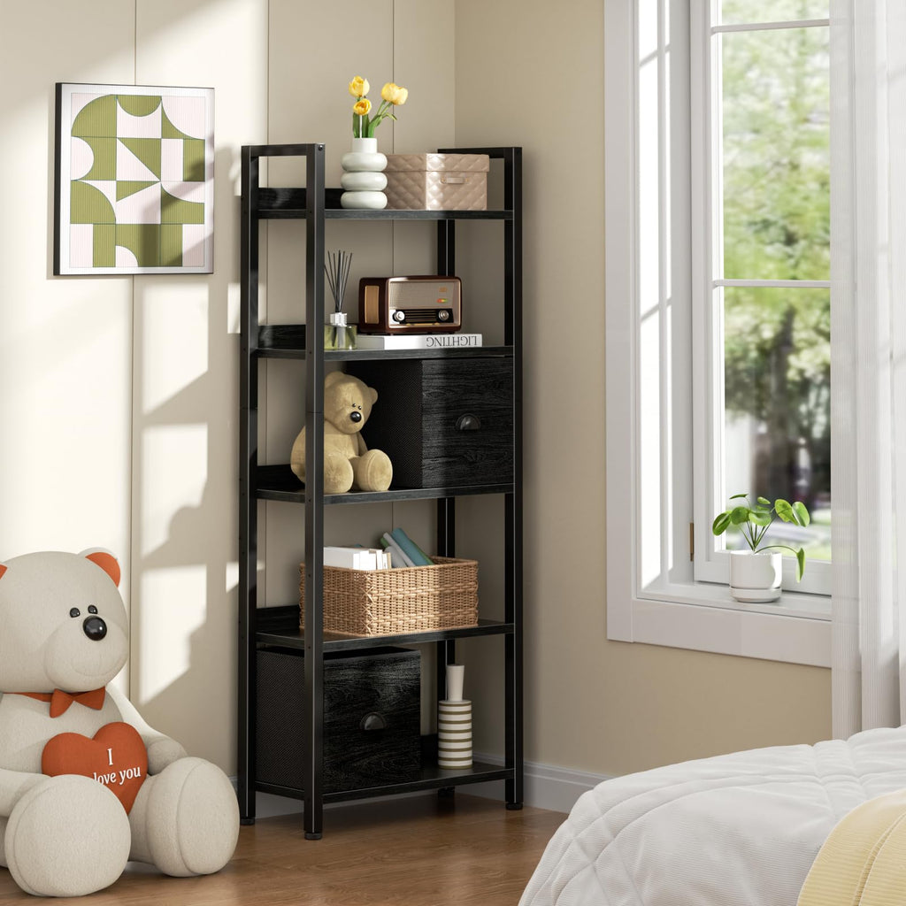 5-Tier Black Oak Bookshelf with 2 Storage Drawers G729