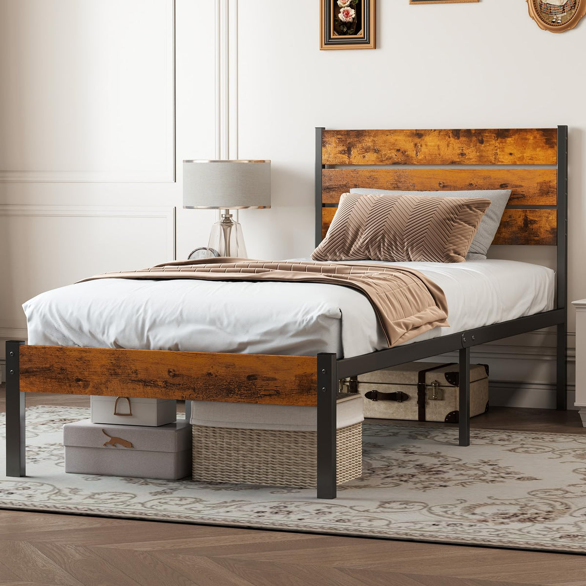Twin Platform Bed Frame with Wooden Headboard and Footboard U599