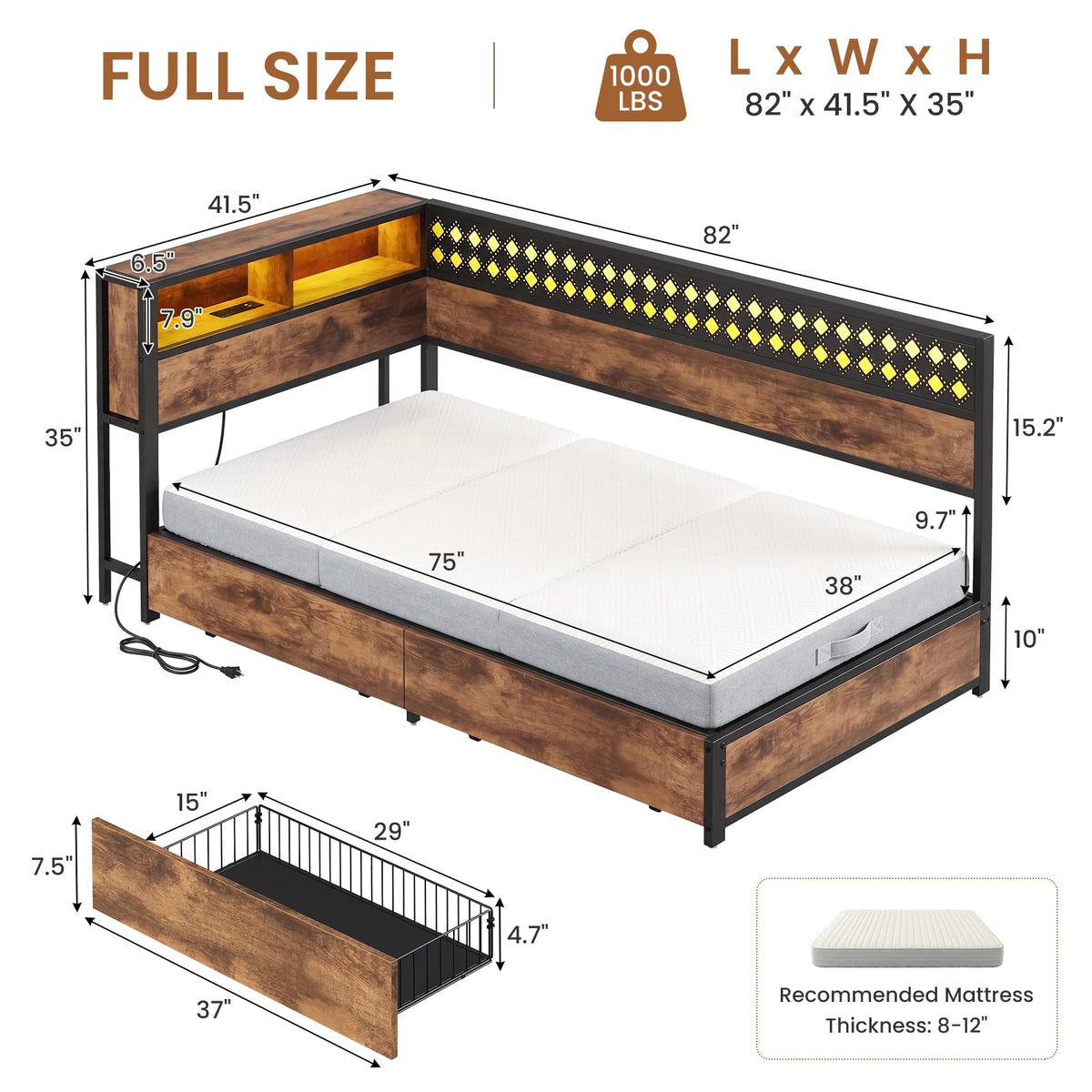 Twin Corner Bed Frame with Mattress and 2 Storage Drawers L24089