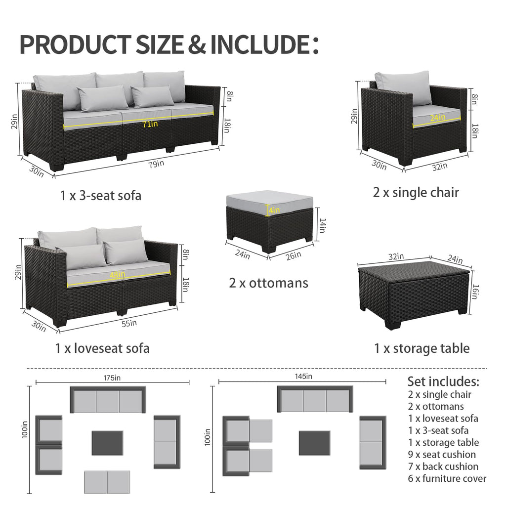 7 Piece Light Grey Cushions Patio Furniture Set with Storage Table A6431