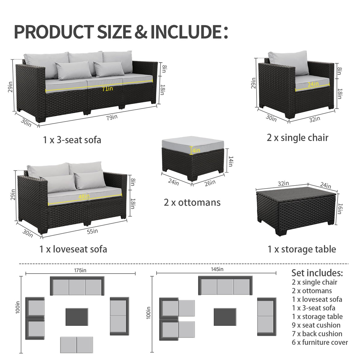 7 Piece Light Grey Cushions Patio Furniture Set with Storage Table A6431