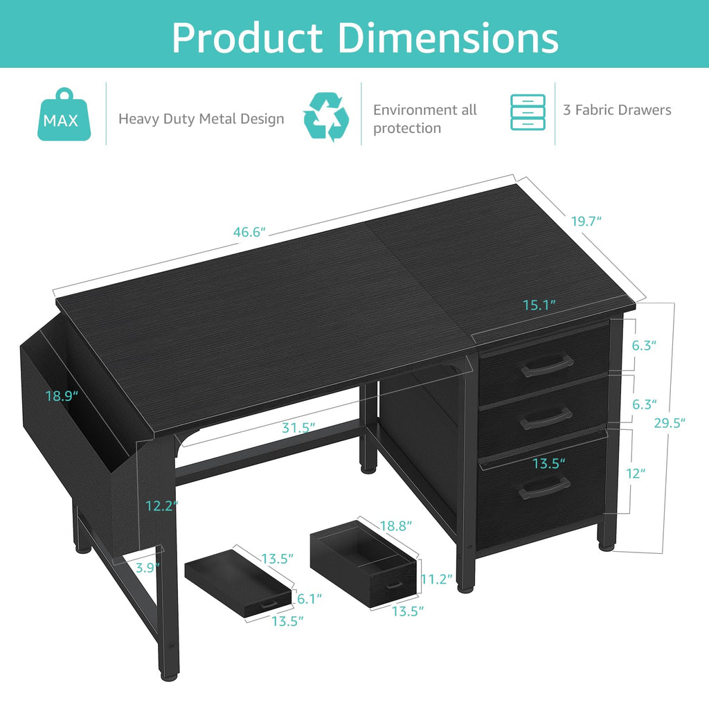 Black 47 Inch Computer Desk with File Drawers Cabinet J2615