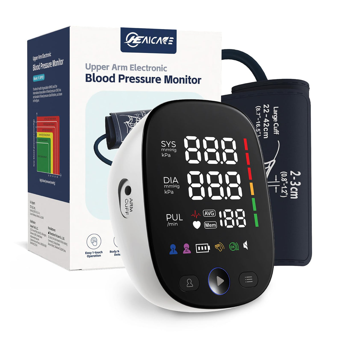 Blood Pressure Monitor with Large Color-Backlit LED Display, 240 Memory, Adjustable Wide Cuff 8.5-16.5" K9879