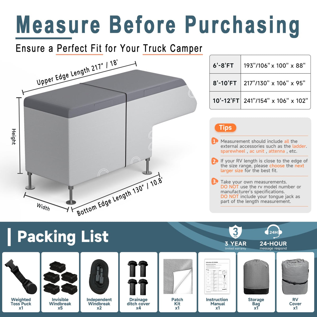 8-10ft Waterproof 7 Layers Truck Camper RV Cover S15290