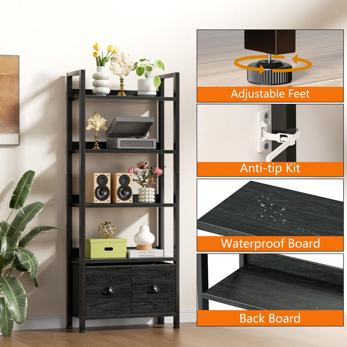 5-Tier Black Oak Bookshelf with 2 Storage Drawers G729