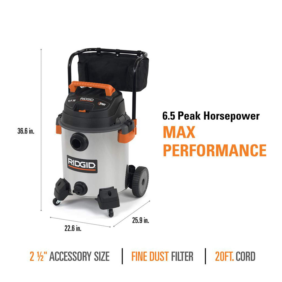 16 Gallon 6.5 Peak HP Stainless Steel Wet Dry Shop Vacuum F54108
