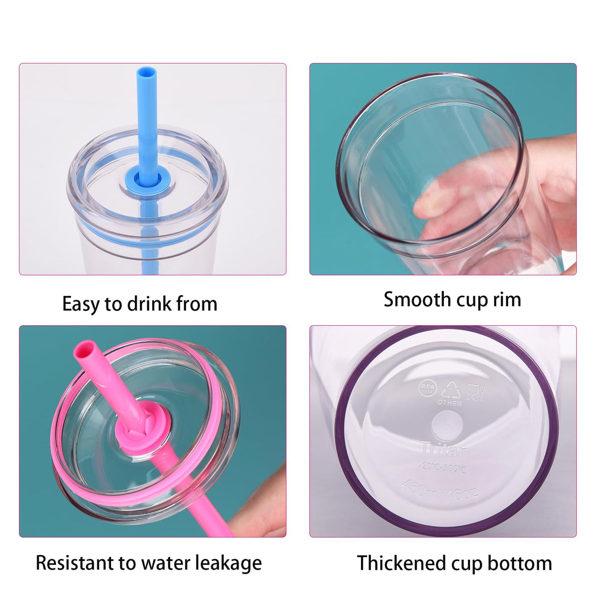 16 oz Plastic Tumbler Cup with Lid and Straw, 6 Pack O38796