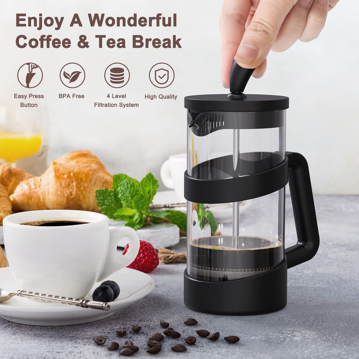 Mini French Press Coffee Maker, 12 oz, Black Y465