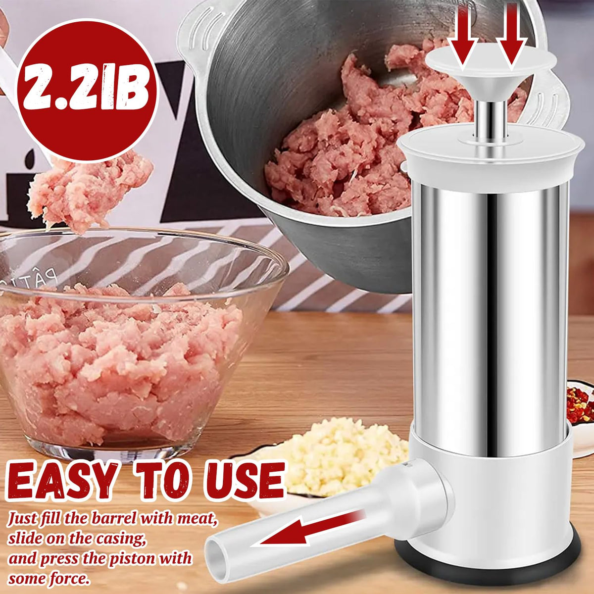 2.2lb Stainless Steel Sausage Stuffer with 4 Stuffing Tubes F587085