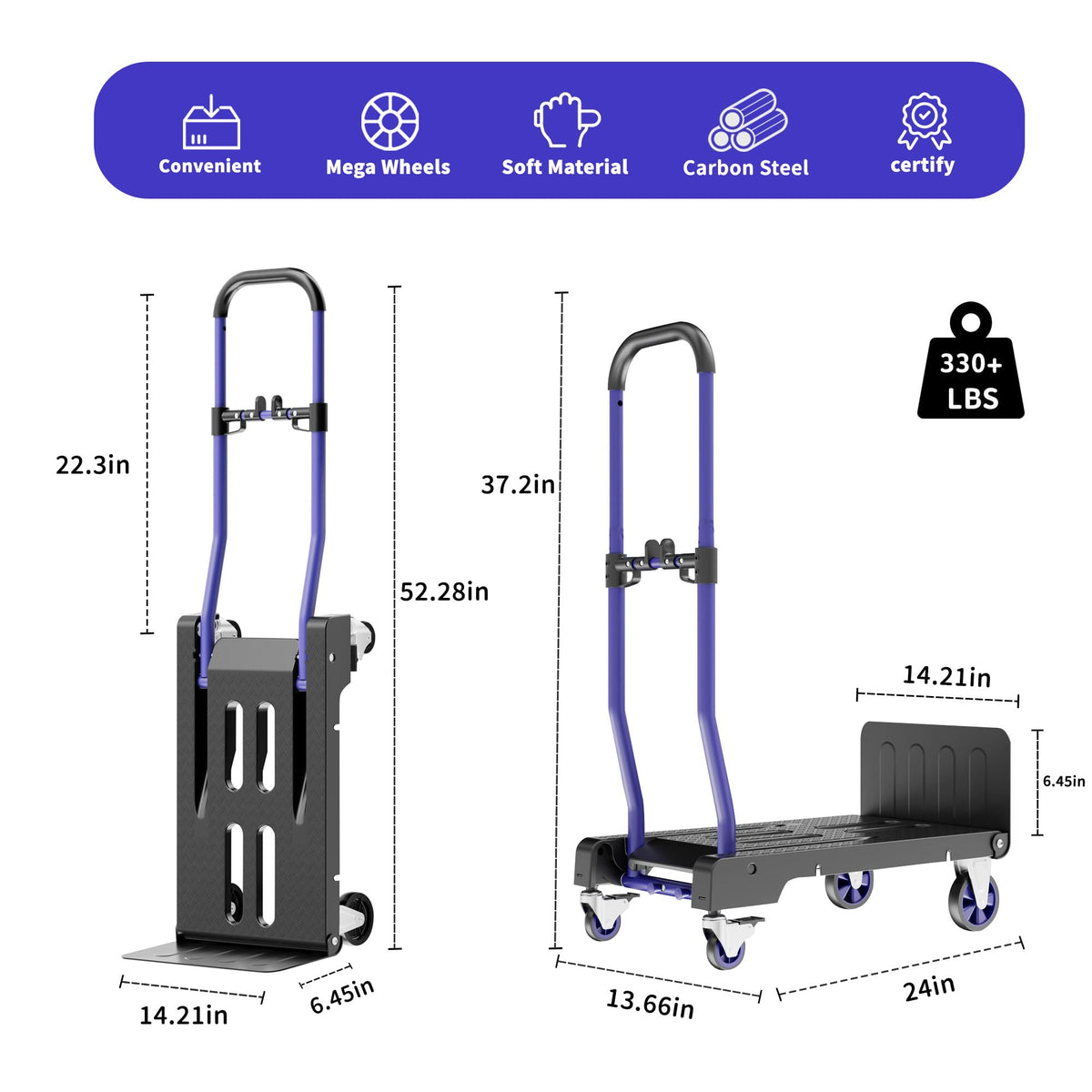 3-in-1 Folding Hand Truck 330lbs Portable Dolly Cart with Adjustable Handle J12195