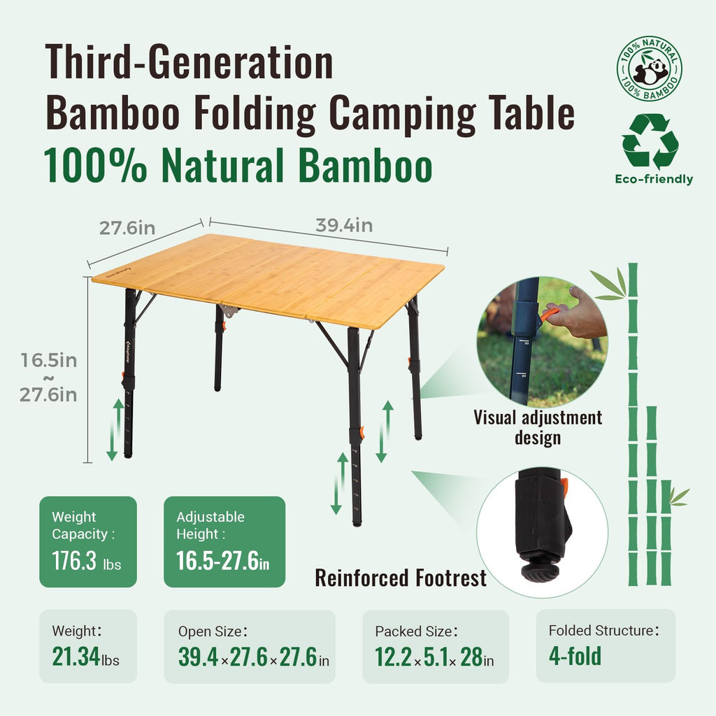 Bamboo Folding Camping Table with Adjustable Height J8975