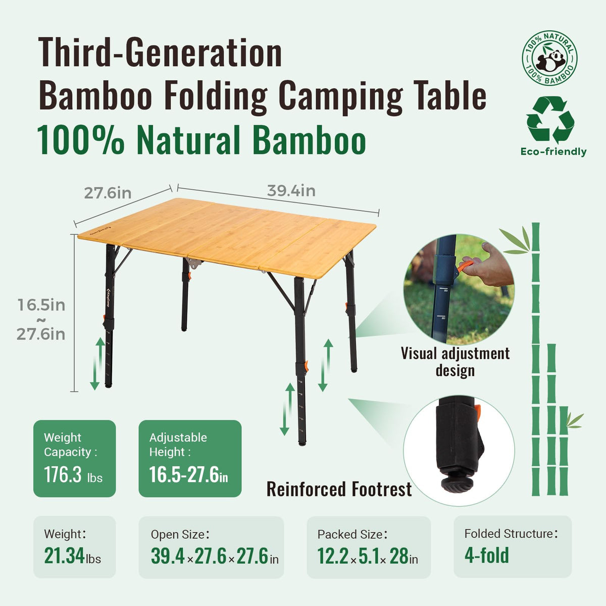 Bamboo Folding Camping Table with Adjustable Height J8975
