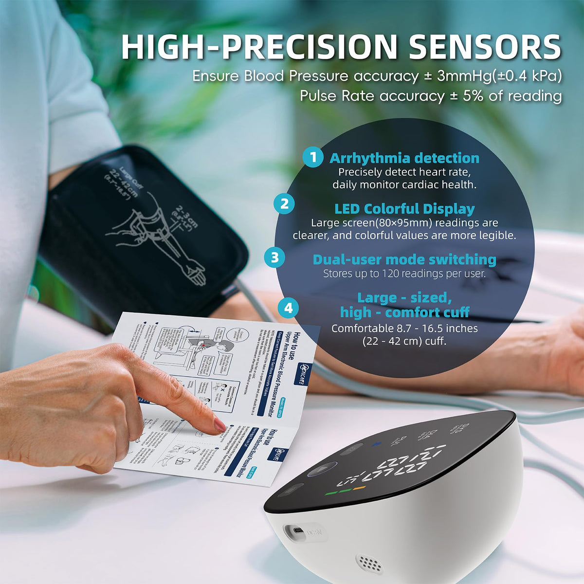 Blood Pressure Monitor with Large Color-Backlit LED Display, 240 Memory, Adjustable Wide Cuff 8.5-16.5" K9879