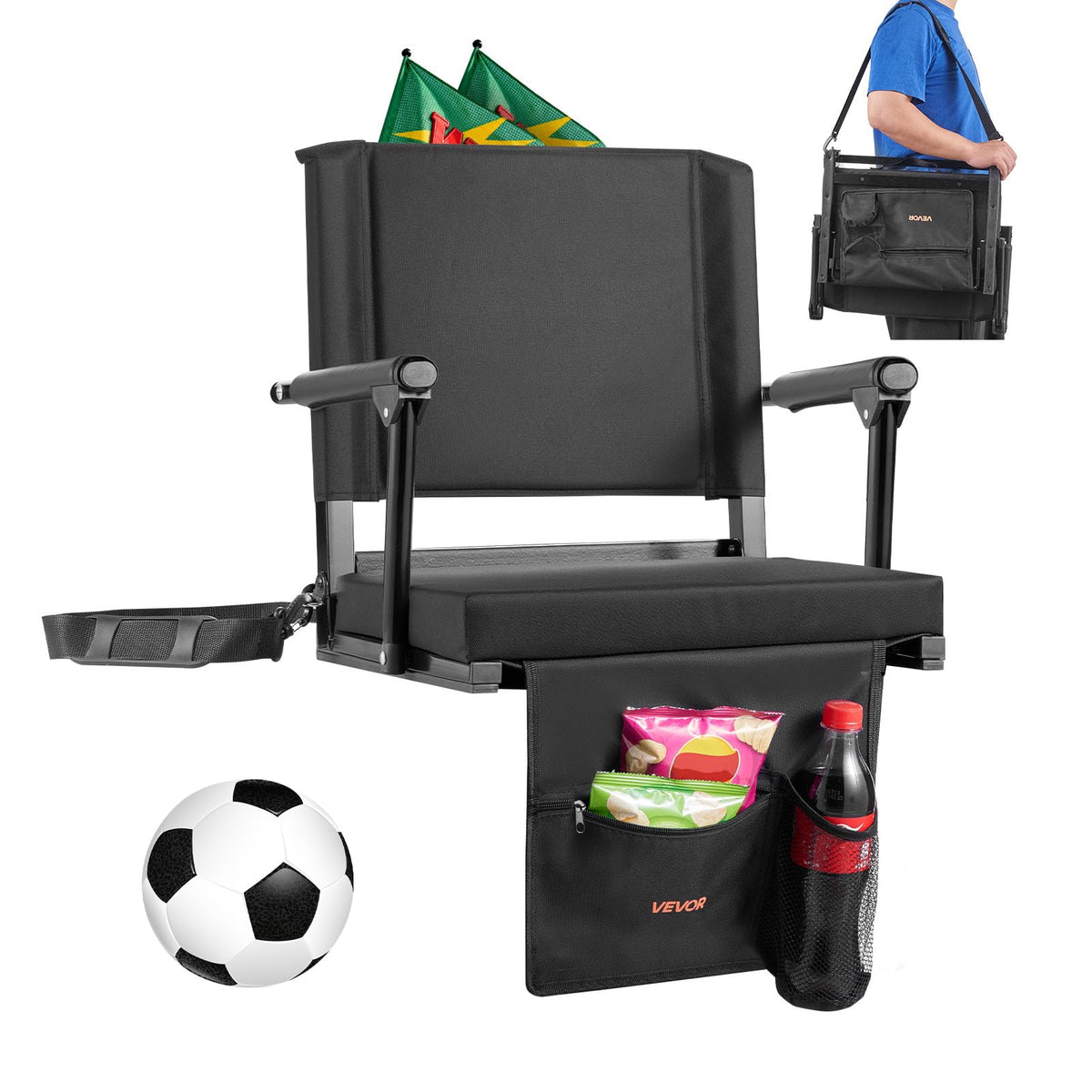 Portable Bleacher Seat with Armrest, Back Support and Cup Holder, Black D3343