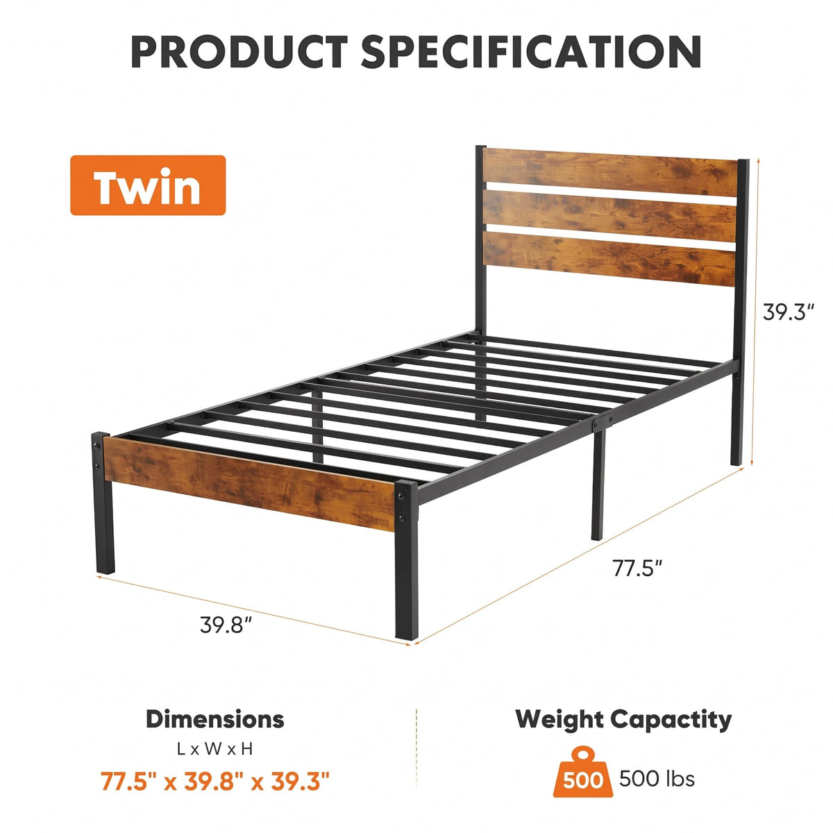 Twin Platform Bed Frame with Wooden Headboard and Footboard U599