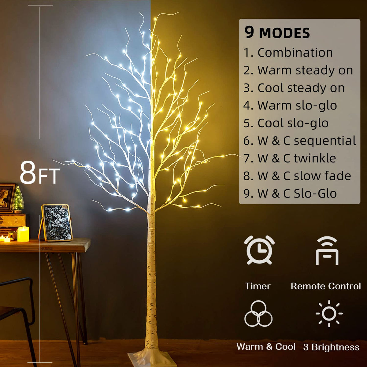8ft 136LED Lighted Artificial Birch Tree with Timer W242