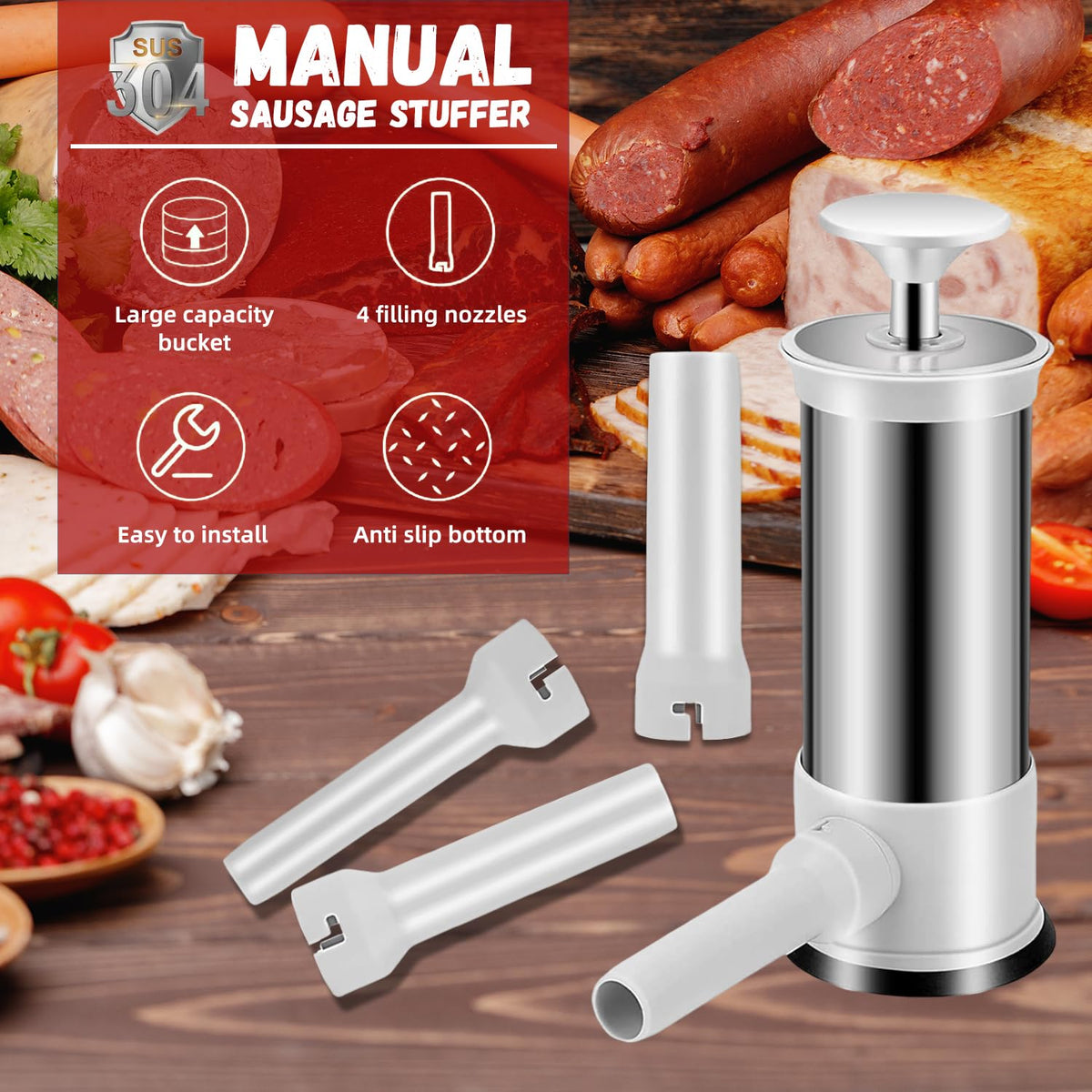 2.2lb Stainless Steel Sausage Stuffer with 4 Stuffing Tubes F587085