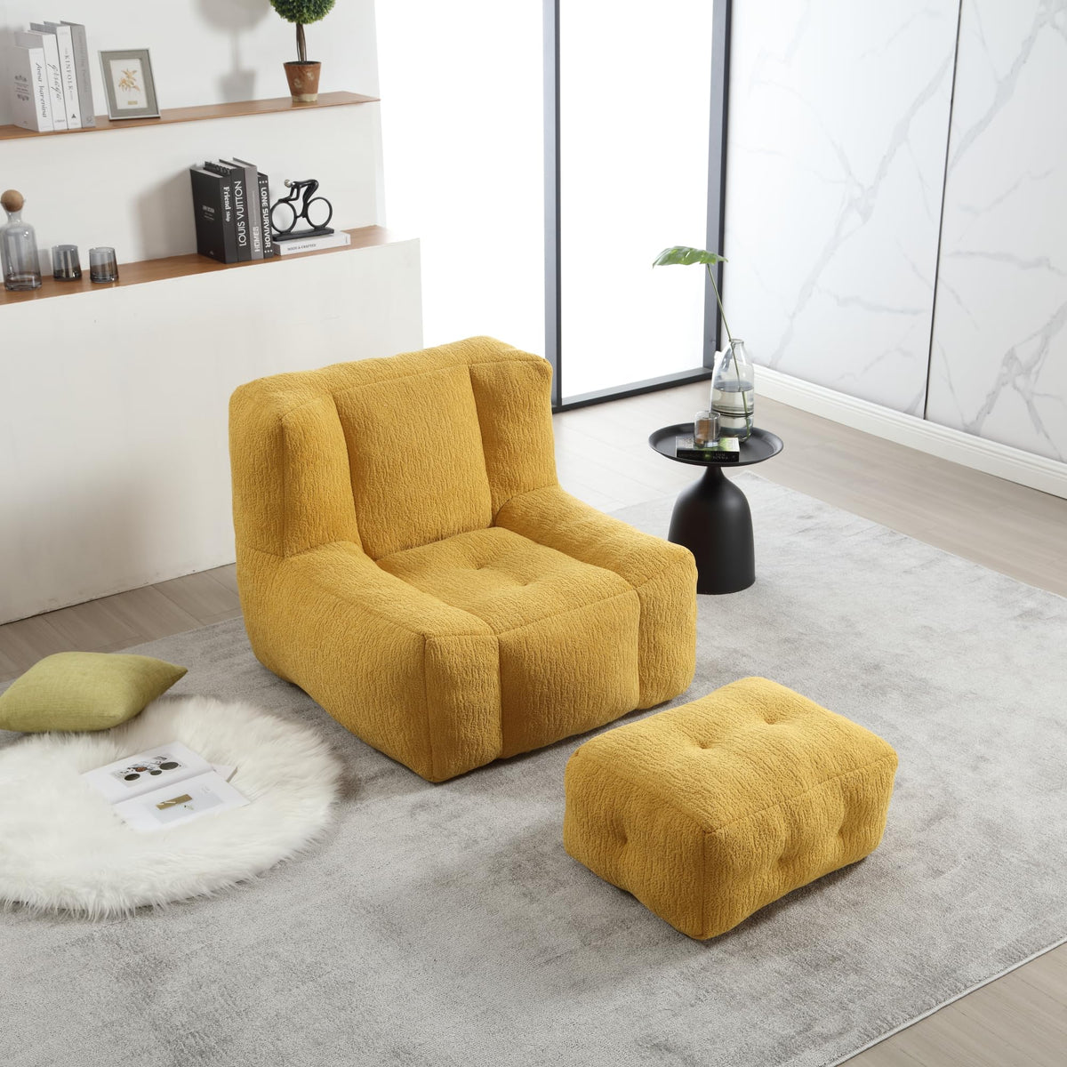 Yellow Memory Foam Bean Bag Chair with Ottoman W9054