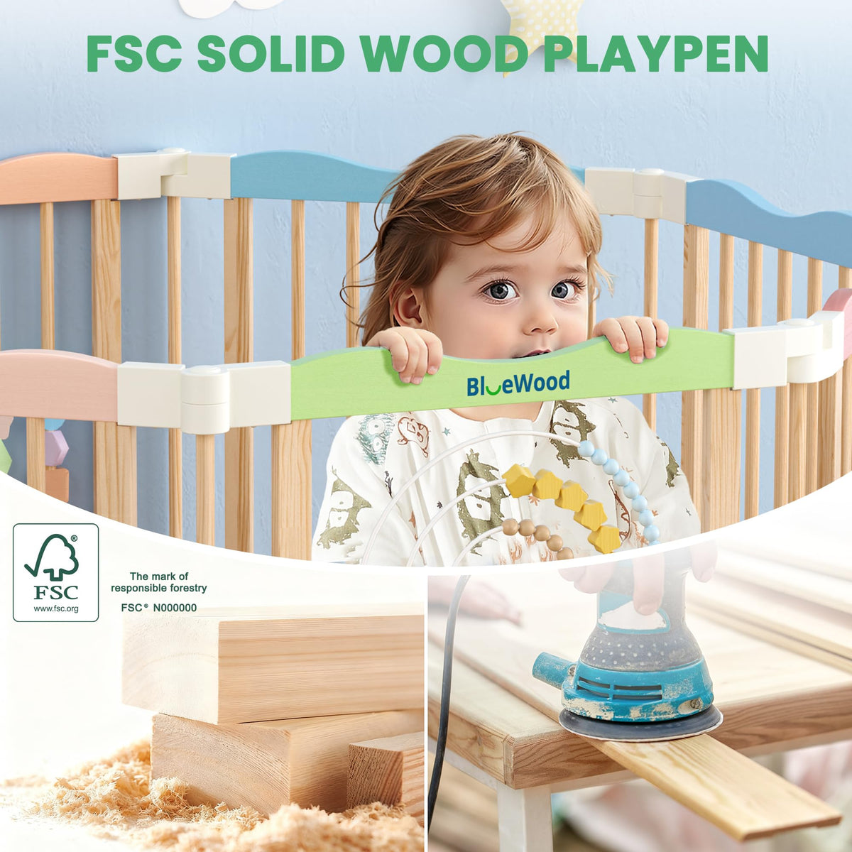 Foldable Wooden Baby Playpen, 45 x 45 x 24 inches B7285