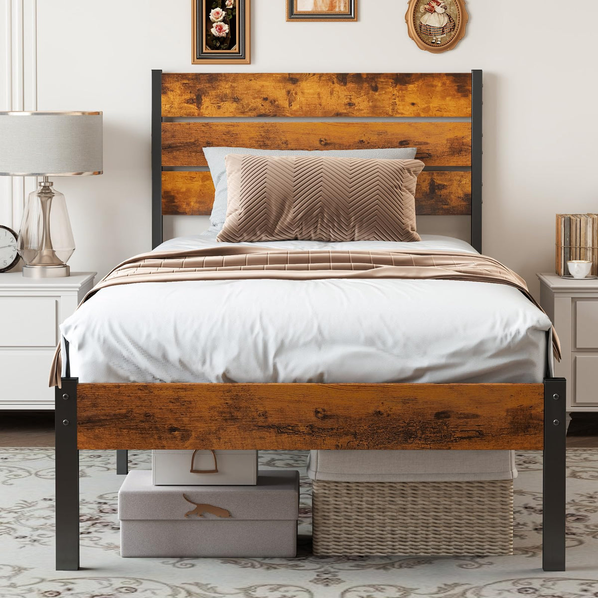 Twin Platform Bed Frame with Wooden Headboard and Footboard U599