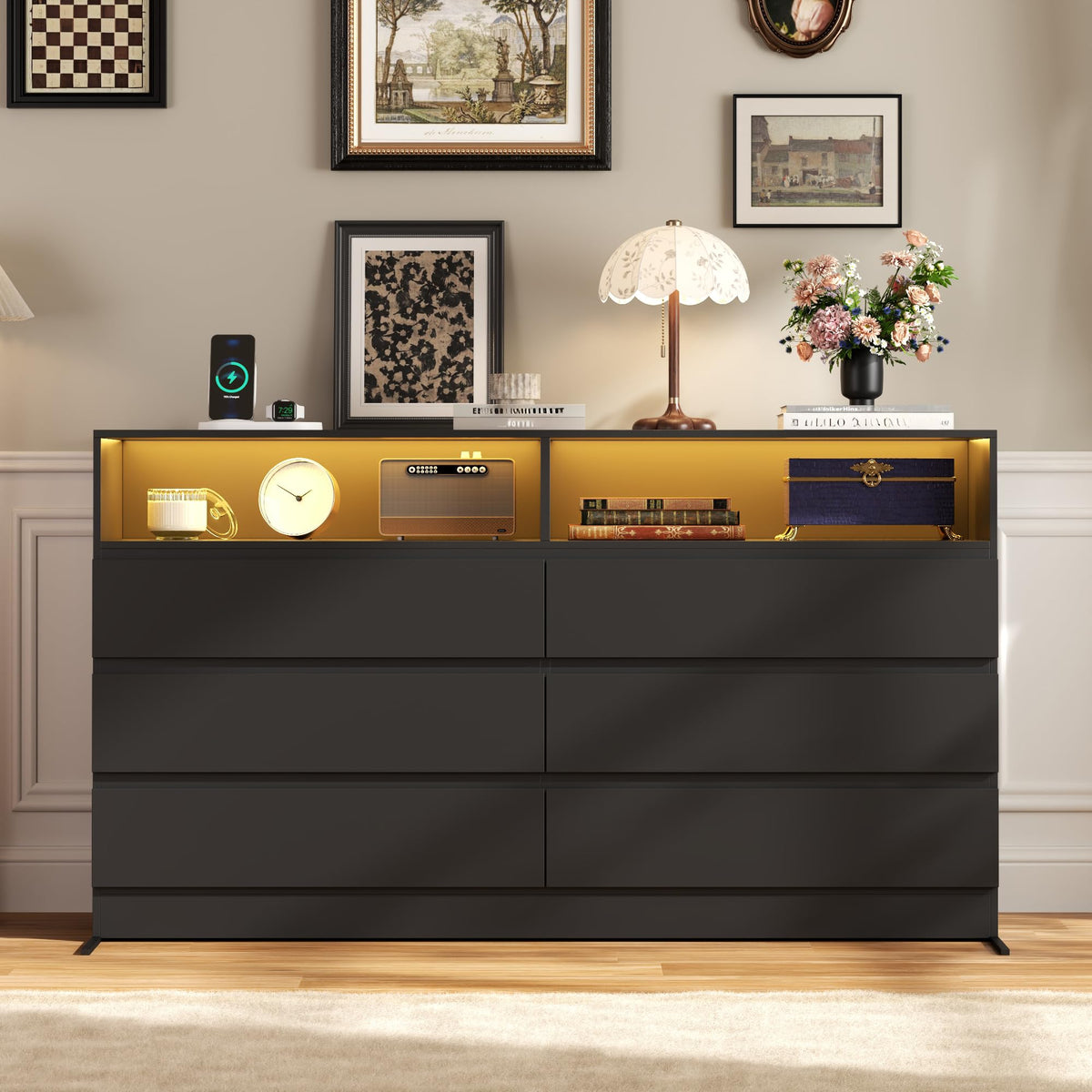 Black 6 Drawer Wood Dresser A3842