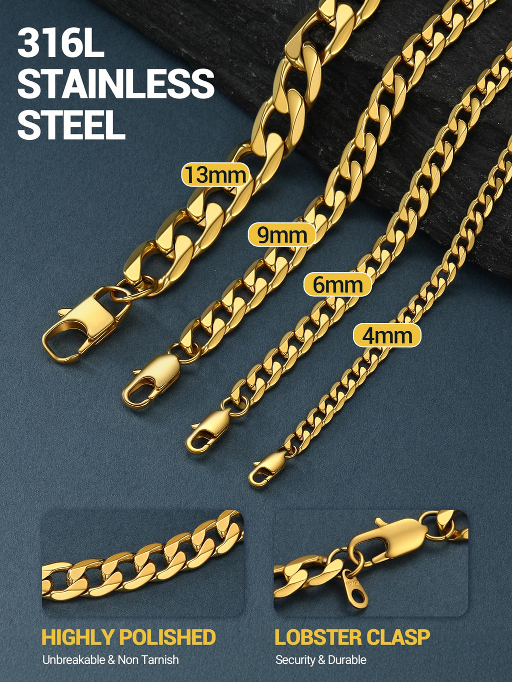 316L Stainless Steel Cuban Link Chain Necklaces Y460