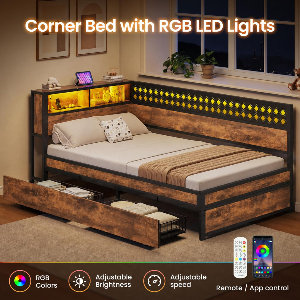 Twin Corner Bed Frame with Mattress and 2 Storage Drawers L24089
