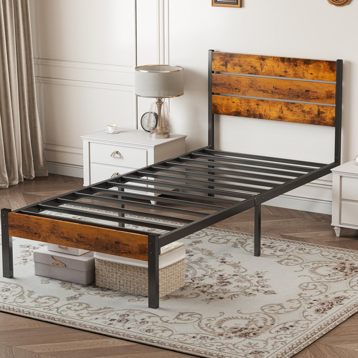 Twin Platform Bed Frame with Wooden Headboard and Footboard U599