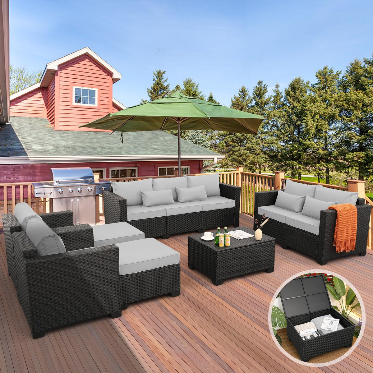 7 Piece Light Grey Cushions Patio Furniture Set with Storage Table A6431