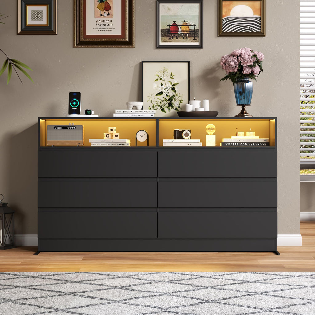 Black 6 Drawer Wood Dresser A3842