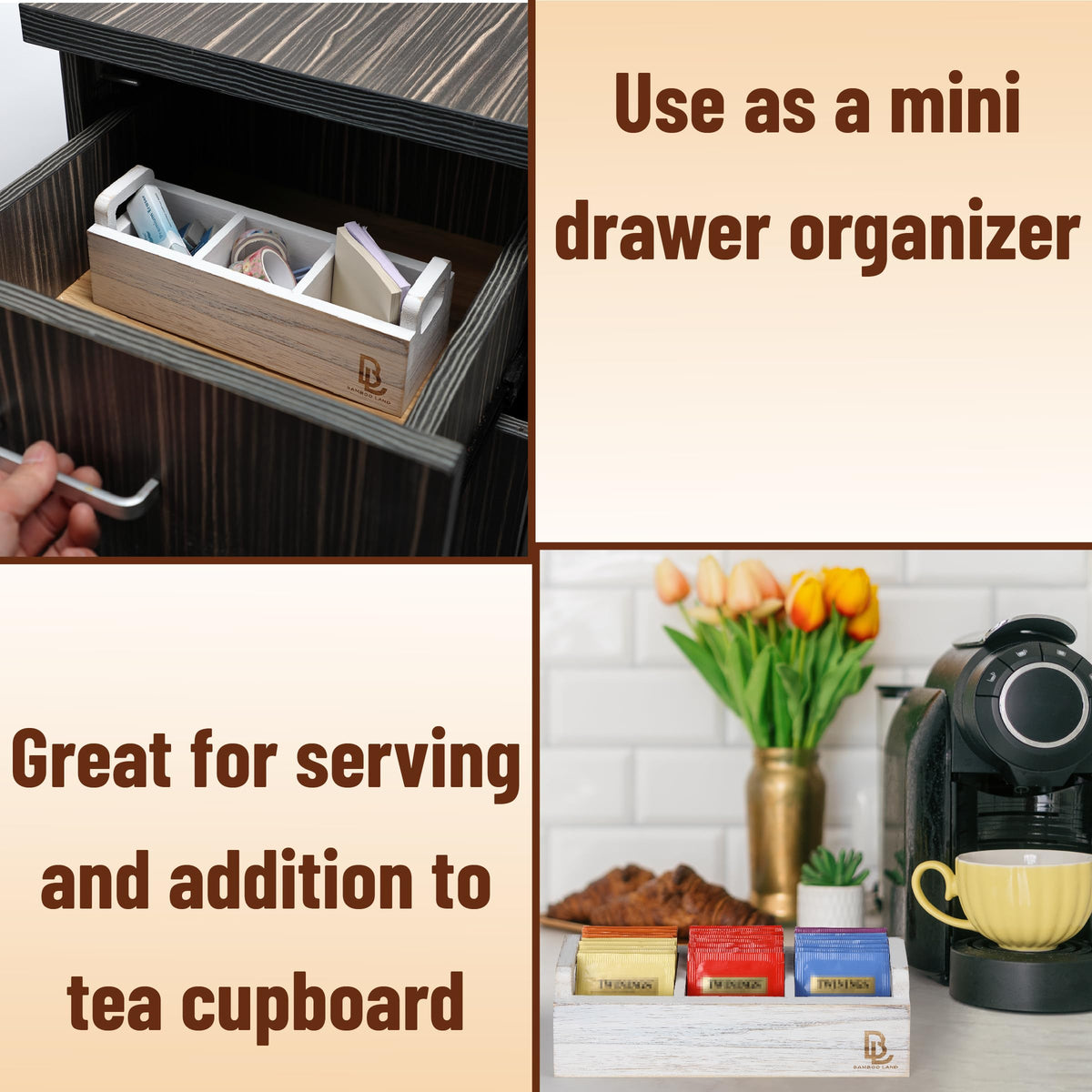 Wooden 3 Slot Tea Bag Organizer E6361